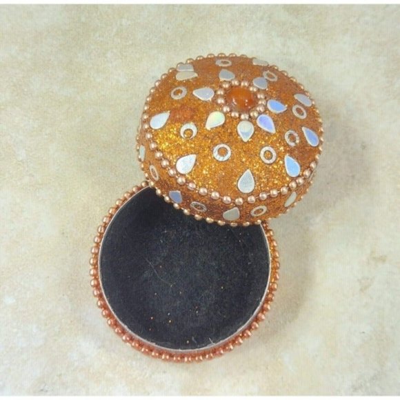 VTG Jewelry Box Orange Round Glitter Trinket Gift Beads Ornament Velvet Interior - Picture 10 of 12